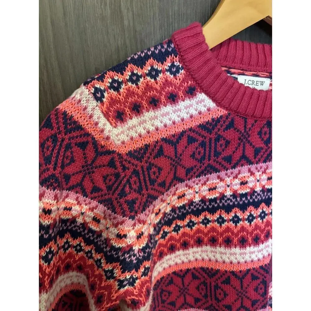 J.Crew Sweater Women's XS Pink Blue Cotton Ribbed Crew Neck Fair‎ Isle Pullover